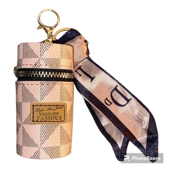 LUXE VIBES LIPSTICK CASE KEYCHAIN BAG CHARM PU LEATHER PINK & BLACK w TWILLY - Picture 4 of 7